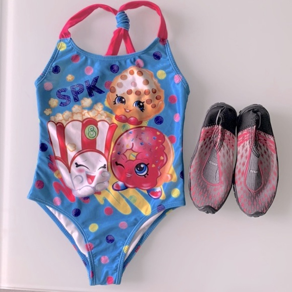 Shopkins Swimming Suit/ Water Shoes EUC